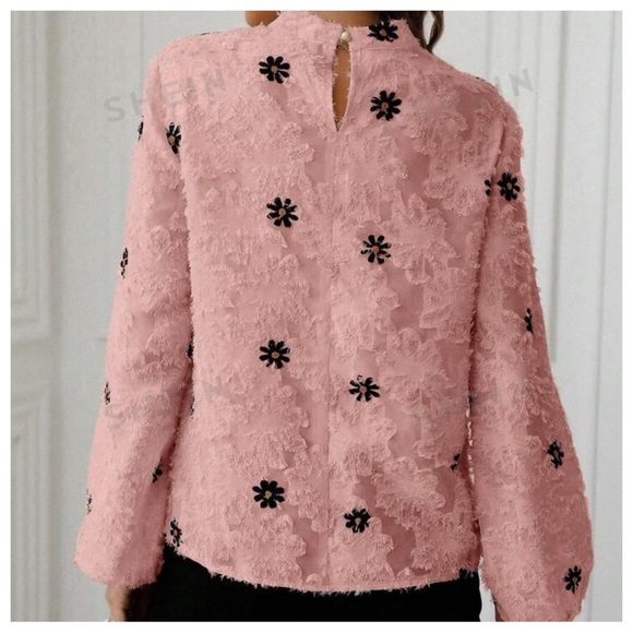 Mandarin Collar Pink Floral Embroidery Long Sleeve Shirt Sz M - Picture 2 of 6